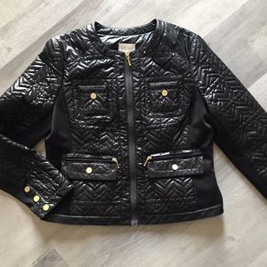 Chico’s Sz 0 Small Chevron Quilted Utility Moto Jacket Stretch Side Gold Buttons
